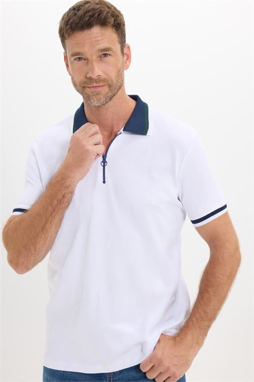 Erkek Slim Fit Dar Kesim %100 Pamuk Kısa Kollu Yarım Fermuarlı Beyaz Polo Yaka Tişört