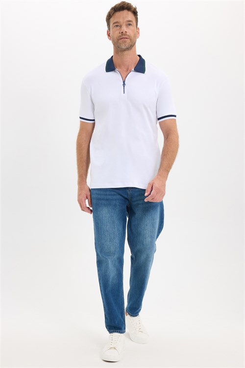 Erkek Slim Fit Dar Kesim %100 Pamuk Kısa Kollu Yarım Fermuarlı Beyaz Polo Yaka Tişört