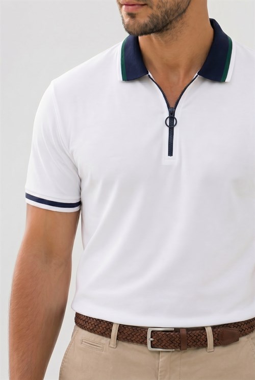 Erkek Slim Fit Dar Kesim %100 Pamuk Kısa Kollu Yarım Fermuarlı Beyaz Polo Yaka Tişört