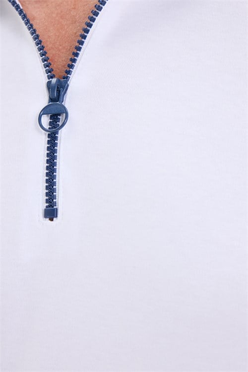 Erkek Slim Fit Dar Kesim %100 Pamuk Kısa Kollu Yarım Fermuarlı Beyaz Polo Yaka Tişört
