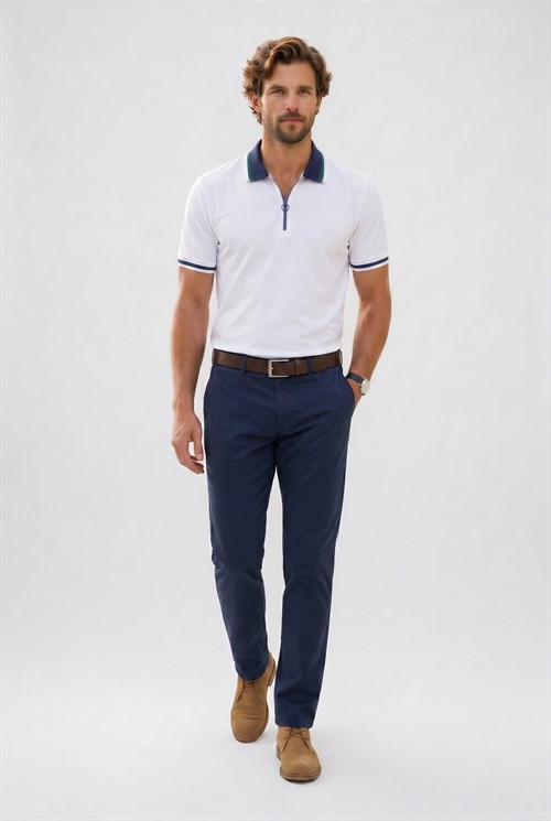 Erkek Slim Fit Dar Kesim %100 Pamuk Kısa Kollu Yarım Fermuarlı Beyaz Polo Yaka Tişört