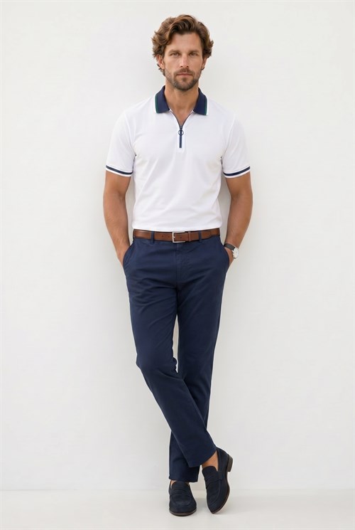 Erkek Slim Fit Dar Kesim %100 Pamuk Kısa Kollu Yarım Fermuarlı Beyaz Polo Yaka Tişört