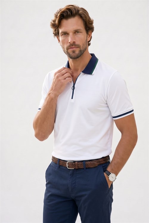 Erkek Slim Fit Dar Kesim %100 Pamuk Kısa Kollu Yarım Fermuarlı Beyaz Polo Yaka Tişört