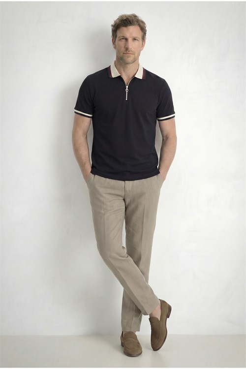 Erkek Slim Fit Dar Kesim %100 Pamuk Kısa Kollu Yarım Fermuarlı Siyah Polo Yaka Tişört