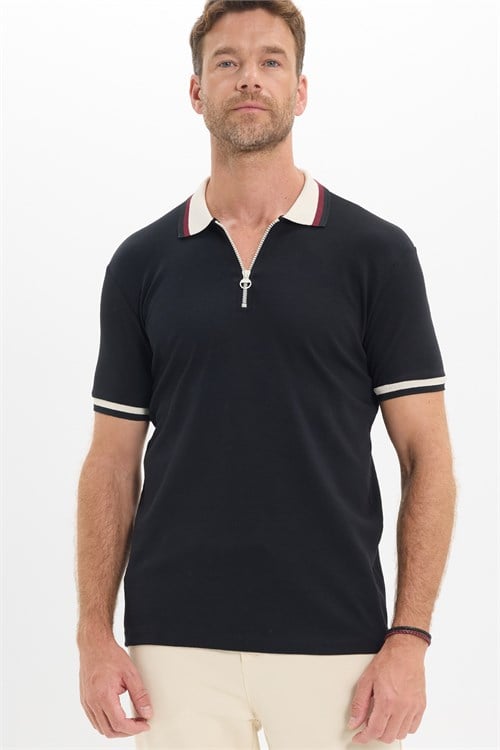 Erkek Slim Fit Dar Kesim %100 Pamuk Kısa Kollu Yarım Fermuarlı Siyah Polo Yaka Tişört