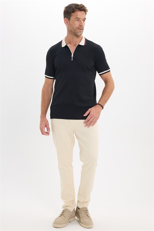 Erkek Slim Fit Dar Kesim %100 Pamuk Kısa Kollu Yarım Fermuarlı Siyah Polo Yaka Tişört