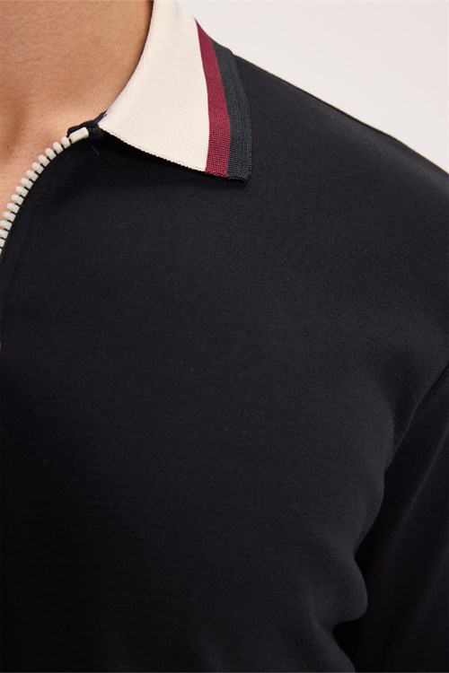 Erkek Slim Fit Dar Kesim %100 Pamuk Kısa Kollu Yarım Fermuarlı Siyah Polo Yaka Tişört