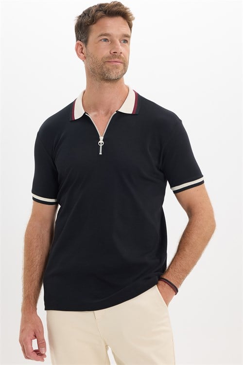 Erkek Slim Fit Dar Kesim %100 Pamuk Kısa Kollu Yarım Fermuarlı Siyah Polo Yaka Tişört