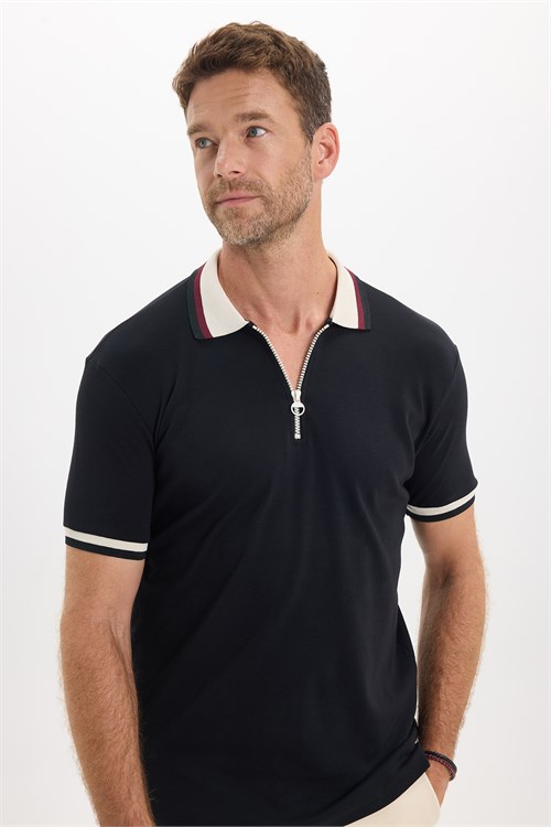 Erkek Slim Fit Dar Kesim %100 Pamuk Kısa Kollu Yarım Fermuarlı Siyah Polo Yaka Tişört