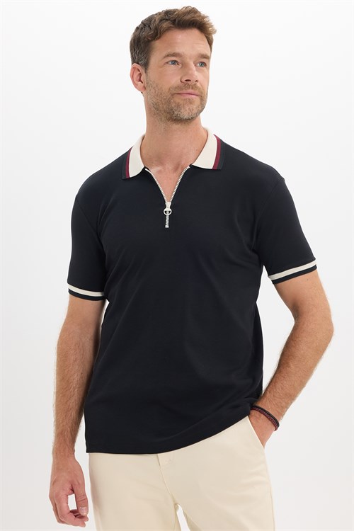 Erkek Slim Fit Dar Kesim %100 Pamuk Kısa Kollu Yarım Fermuarlı Siyah Polo Yaka Tişört