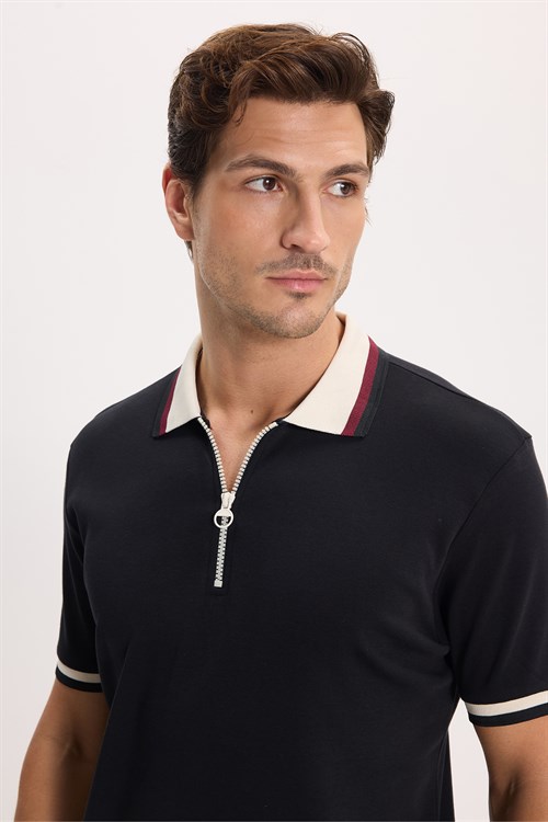 Erkek Slim Fit Dar Kesim %100 Pamuk Kısa Kollu Yarım Fermuarlı Siyah Polo Yaka Tişört