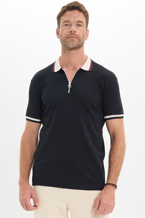 Erkek Slim Fit Dar Kesim %100 Pamuk Kısa Kollu Yarım Fermuarlı Siyah Polo Yaka Tişört