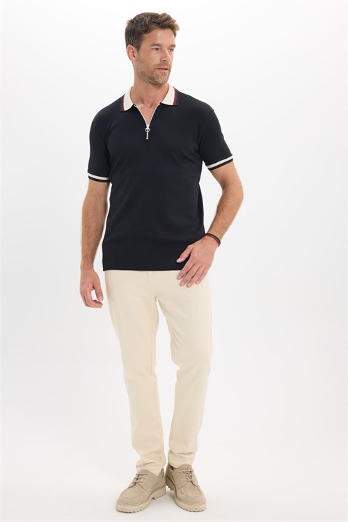 Erkek Slim Fit Dar Kesim %100 Pamuk Kısa Kollu Yarım Fermuarlı Siyah Polo Yaka Tişört