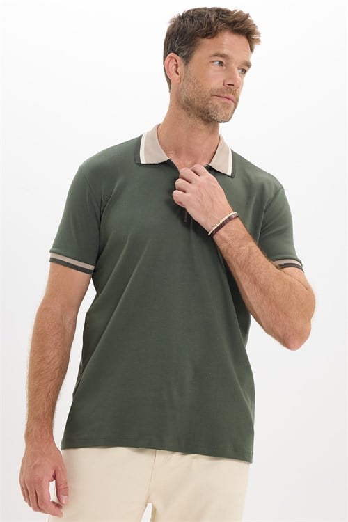 Erkek Slim Fit Dar Kesim %100 Pamuk Kısa Kollu Yarım Fermuarlı Yeşil Polo Yaka Tişört