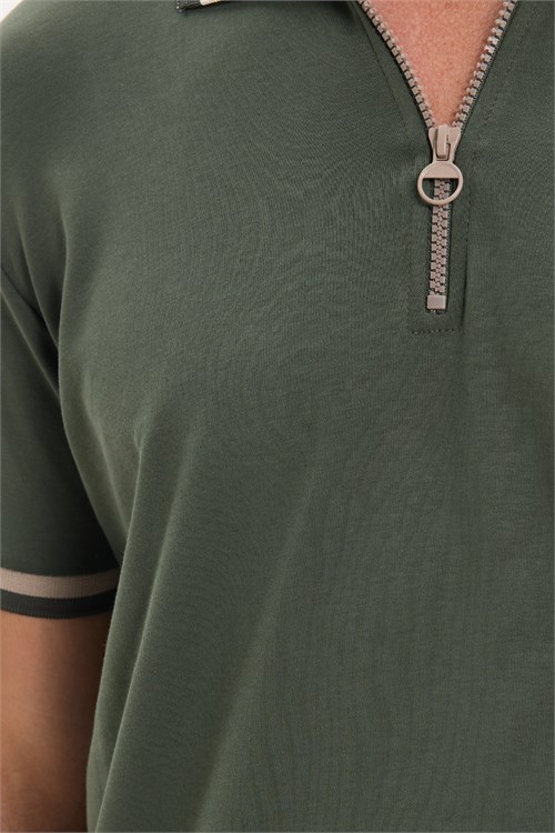 Erkek Slim Fit Dar Kesim %100 Pamuk Kısa Kollu Yarım Fermuarlı Yeşil Polo Yaka Tişört