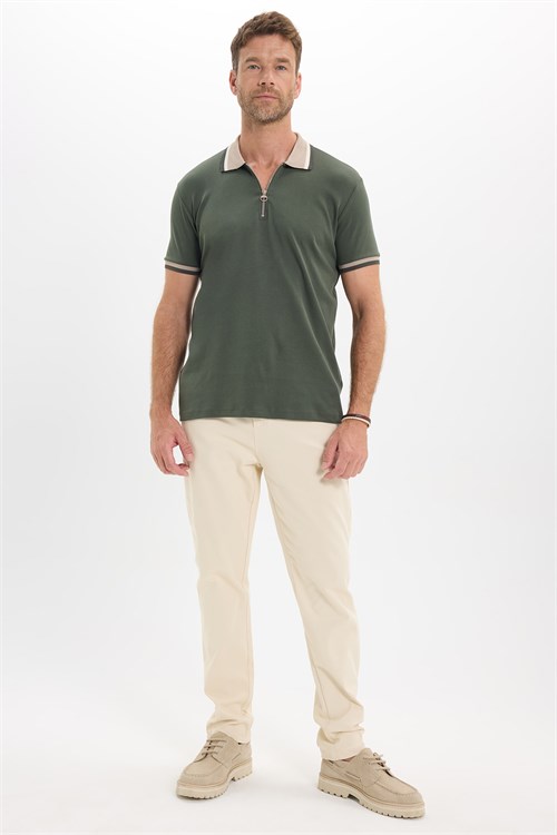 Erkek Slim Fit Dar Kesim %100 Pamuk Kısa Kollu Yarım Fermuarlı Yeşil Polo Yaka Tişört