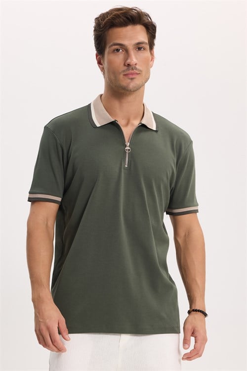 Erkek Slim Fit Dar Kesim %100 Pamuk Kısa Kollu Yarım Fermuarlı Yeşil Polo Yaka Tişört
