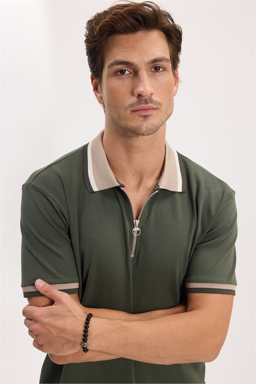 Erkek Slim Fit Dar Kesim %100 Pamuk Kısa Kollu Yarım Fermuarlı Yeşil Polo Yaka Tişört