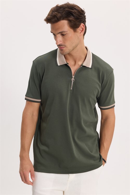 Erkek Slim Fit Dar Kesim %100 Pamuk Kısa Kollu Yarım Fermuarlı Yeşil Polo Yaka Tişört