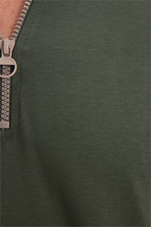 Erkek Slim Fit Dar Kesim %100 Pamuk Kısa Kollu Yarım Fermuarlı Yeşil Polo Yaka Tişört