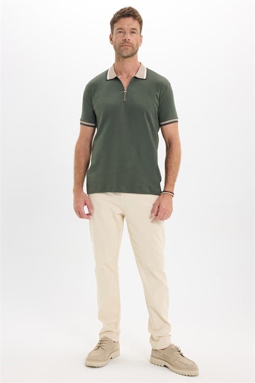 Erkek Slim Fit Dar Kesim %100 Pamuk Kısa Kollu Yarım Fermuarlı Yeşil Polo Yaka Tişört