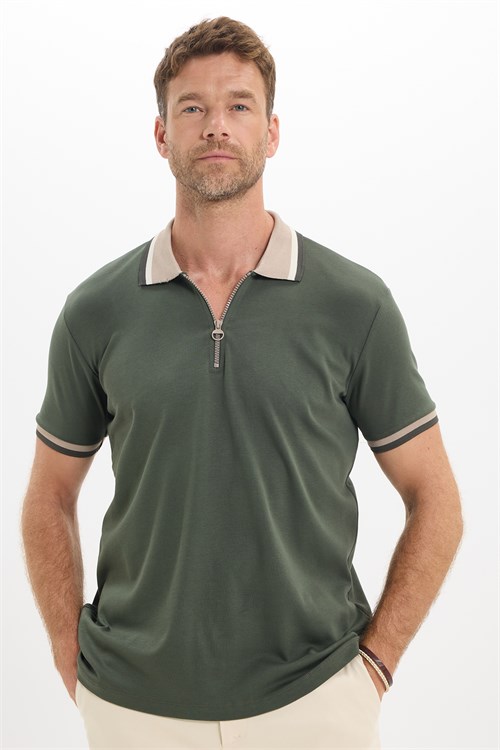 Erkek Slim Fit Dar Kesim %100 Pamuk Kısa Kollu Yarım Fermuarlı Yeşil Polo Yaka Tişört