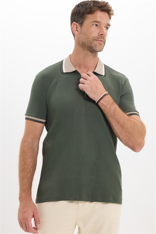Erkek Slim Fit Dar Kesim %100 Pamuk Kısa Kollu Yarım Fermuarlı Yeşil Polo Yaka Tişört