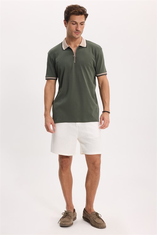 Erkek Slim Fit Dar Kesim %100 Pamuk Kısa Kollu Yarım Fermuarlı Yeşil Polo Yaka Tişört