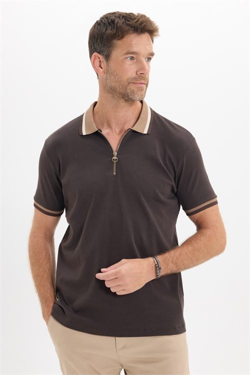 Erkek Slim Fit Dar Kesim %100 Pamuk Kısa Kollu Yarım Fermuarlı Kahverengi Polo Yaka Tişört