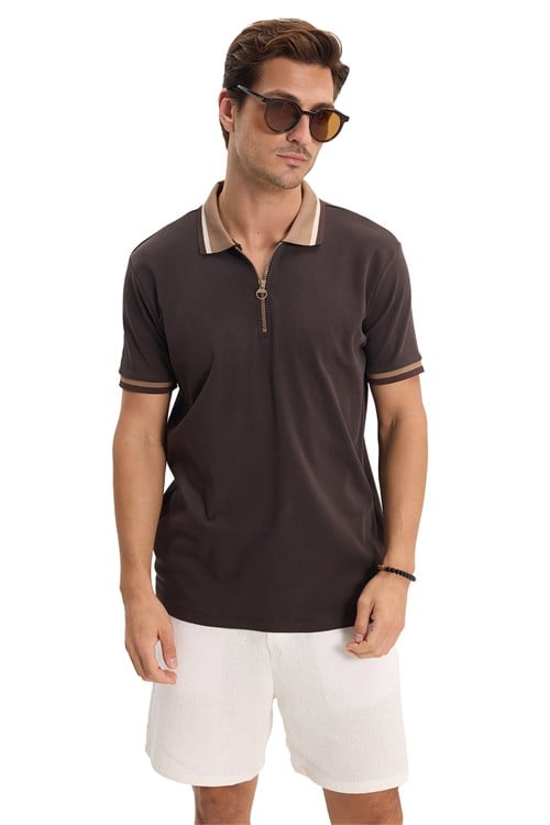 Erkek Slim Fit Dar Kesim %100 Pamuk Kısa Kollu Yarım Fermuarlı Kahverengi Polo Yaka Tişört