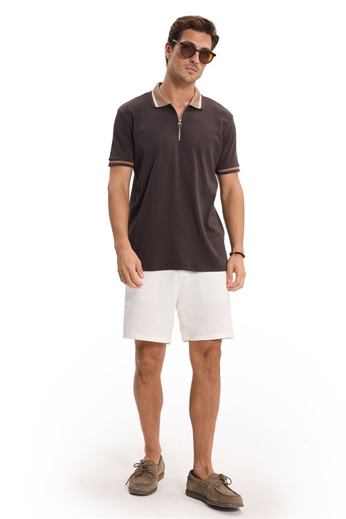Erkek Slim Fit Dar Kesim %100 Pamuk Kısa Kollu Yarım Fermuarlı Kahverengi Polo Yaka Tişört