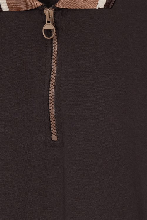 Erkek Slim Fit Dar Kesim %100 Pamuk Kısa Kollu Yarım Fermuarlı Kahverengi Polo Yaka Tişört