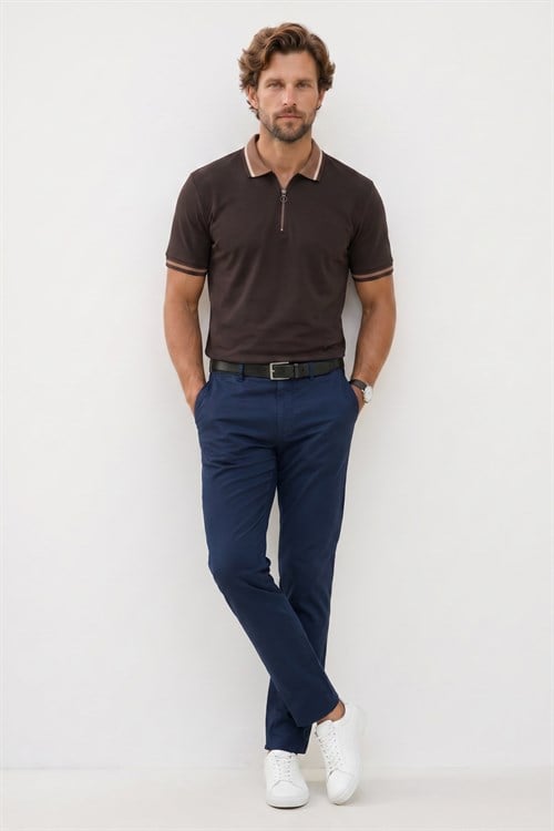 Erkek Slim Fit Dar Kesim %100 Pamuk Kısa Kollu Yarım Fermuarlı Kahverengi Polo Yaka Tişört