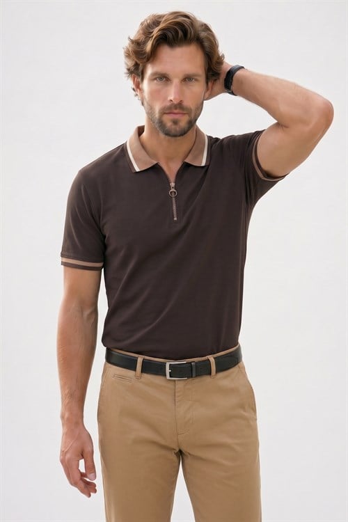 Erkek Slim Fit Dar Kesim %100 Pamuk Kısa Kollu Yarım Fermuarlı Kahverengi Polo Yaka Tişört