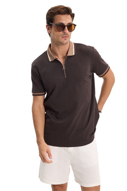 Erkek Slim Fit Dar Kesim %100 Pamuk Kısa Kollu Yarım Fermuarlı Kahverengi Polo Yaka Tişört