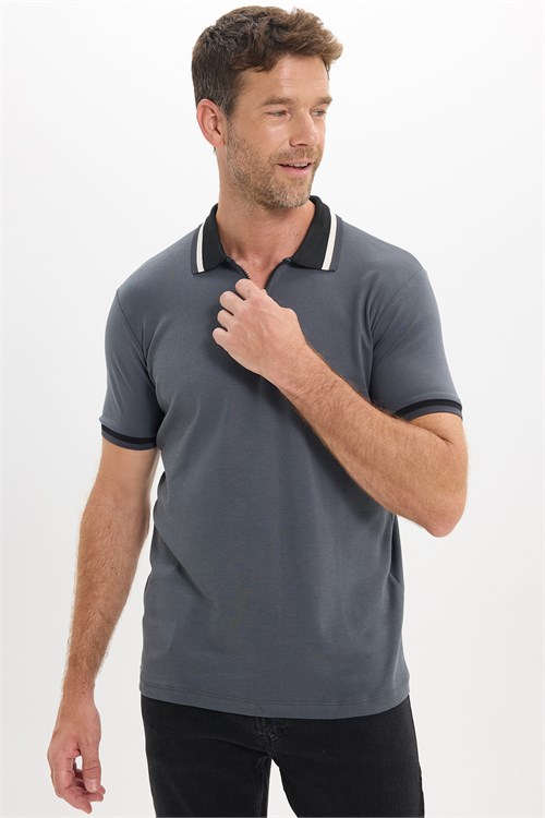 Erkek Slim Fit Dar Kesim %100 Pamuk Kısa Kollu Yarım Fermuarlı Antrasit Polo Yaka Tişört