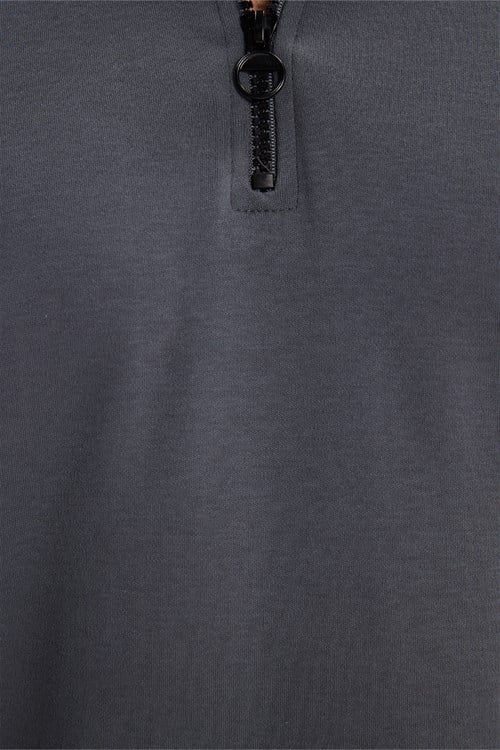 Erkek Slim Fit Dar Kesim %100 Pamuk Kısa Kollu Yarım Fermuarlı Antrasit Polo Yaka Tişört