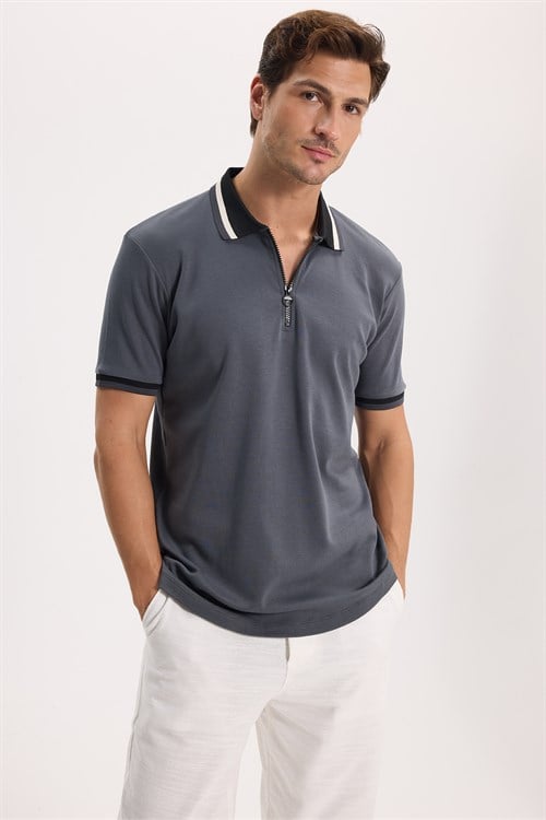 Erkek Slim Fit Dar Kesim %100 Pamuk Kısa Kollu Yarım Fermuarlı Antrasit Polo Yaka Tişört