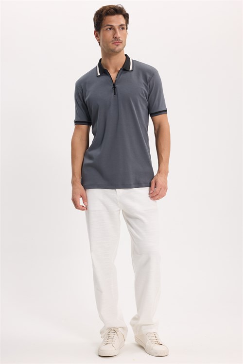 Erkek Slim Fit Dar Kesim %100 Pamuk Kısa Kollu Yarım Fermuarlı Antrasit Polo Yaka Tişört
