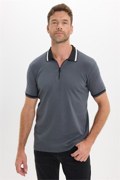 Erkek Slim Fit Dar Kesim %100 Pamuk Kısa Kollu Yarım Fermuarlı Antrasit Polo Yaka Tişört