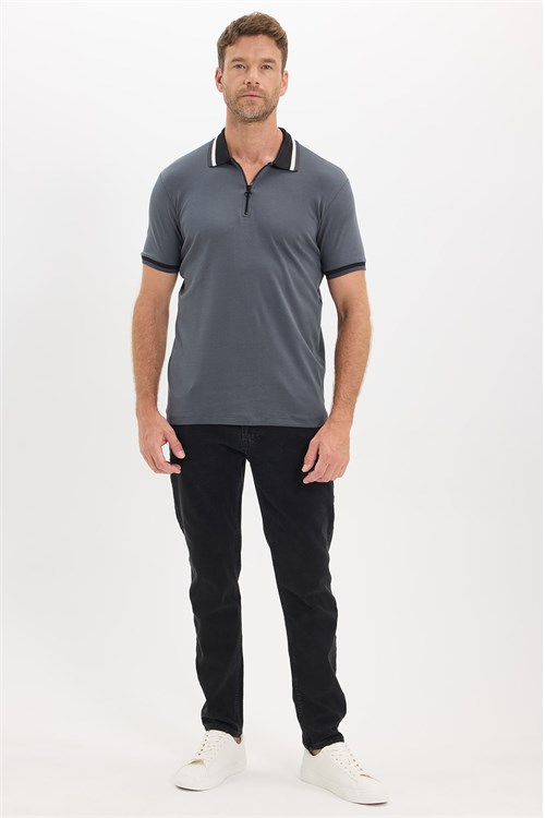 Erkek Slim Fit Dar Kesim %100 Pamuk Kısa Kollu Yarım Fermuarlı Antrasit Polo Yaka Tişört