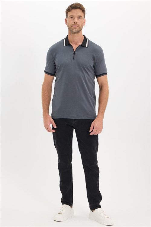 Erkek Slim Fit Dar Kesim %100 Pamuk Kısa Kollu Yarım Fermuarlı Antrasit Polo Yaka Tişört
