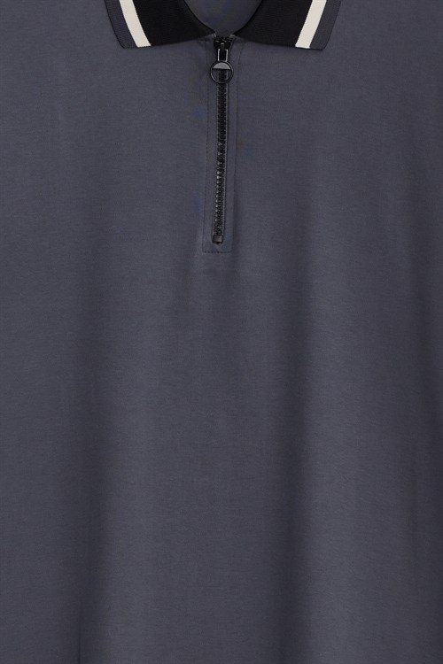 Erkek Slim Fit Dar Kesim %100 Pamuk Kısa Kollu Yarım Fermuarlı Antrasit Polo Yaka Tişört