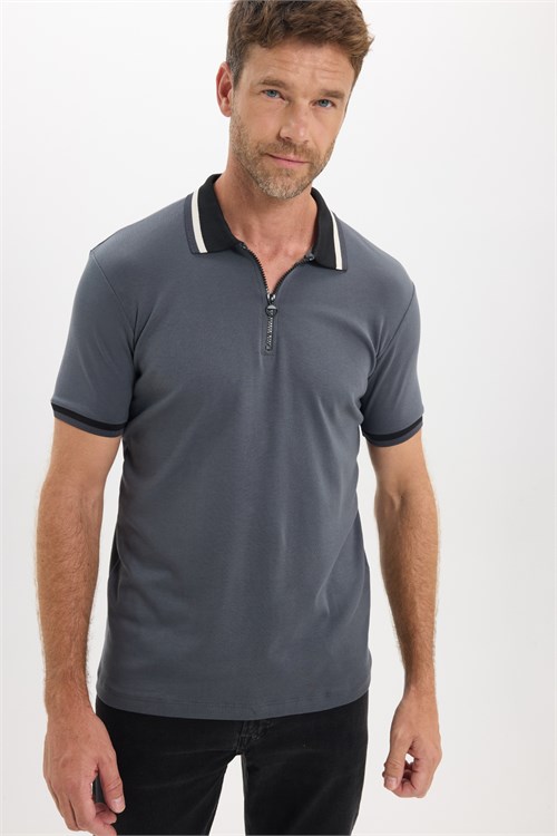 Erkek Slim Fit Dar Kesim %100 Pamuk Kısa Kollu Yarım Fermuarlı Antrasit Polo Yaka Tişört