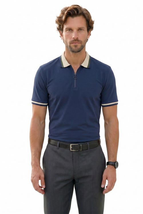 Erkek Slim Fit Dar Kesim %100 Pamuk Kısa Kollu Yarım Fermuarlı Lacivert Polo Yaka Tişört