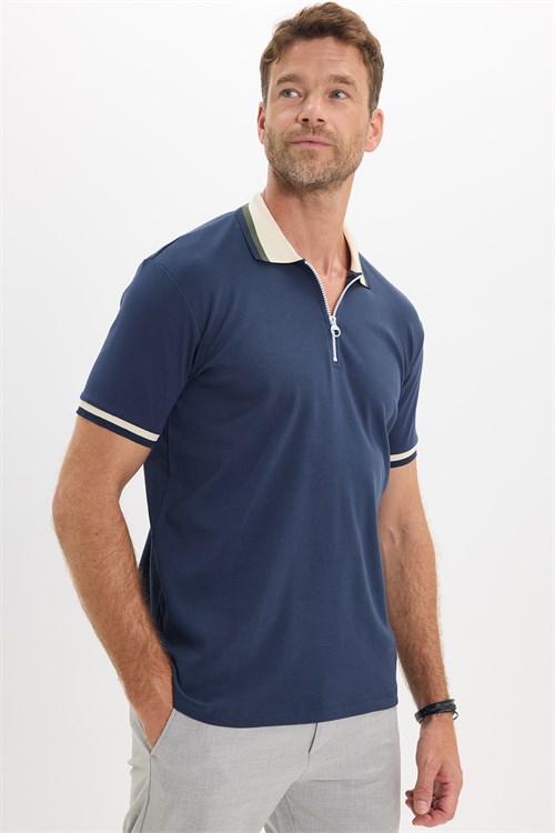 Erkek Slim Fit Dar Kesim %100 Pamuk Kısa Kollu Yarım Fermuarlı Lacivert Polo Yaka Tişört