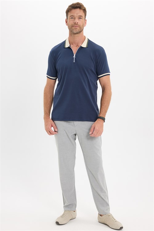 Erkek Slim Fit Dar Kesim %100 Pamuk Kısa Kollu Yarım Fermuarlı Lacivert Polo Yaka Tişört