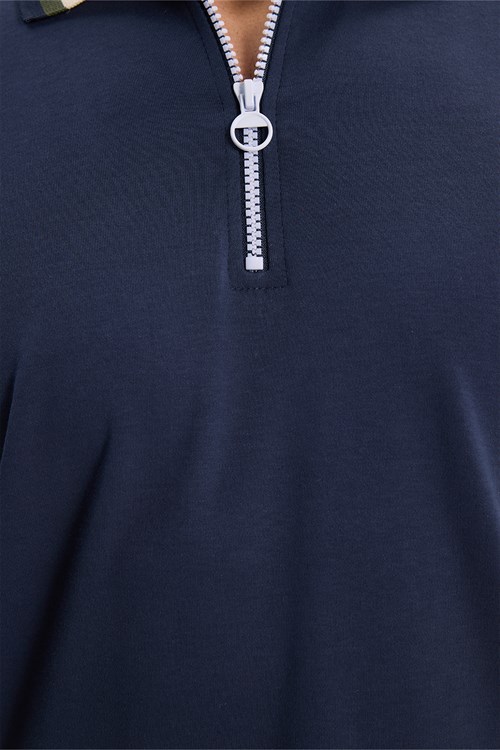 Erkek Slim Fit Dar Kesim %100 Pamuk Kısa Kollu Yarım Fermuarlı Lacivert Polo Yaka Tişört