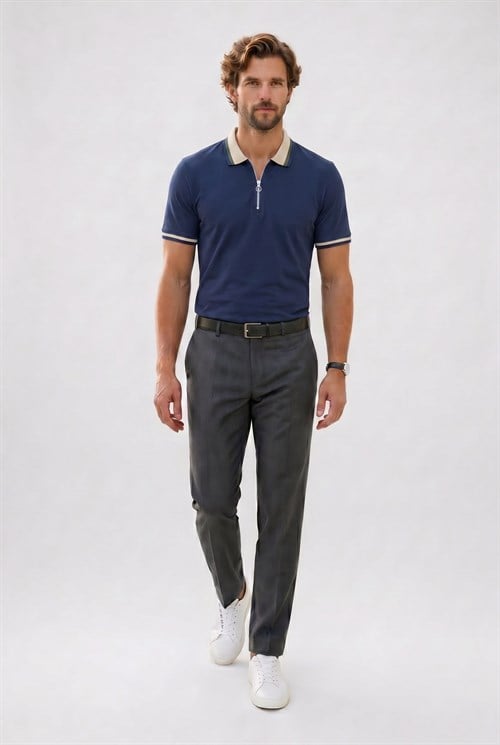 Erkek Slim Fit Dar Kesim %100 Pamuk Kısa Kollu Yarım Fermuarlı Lacivert Polo Yaka Tişört