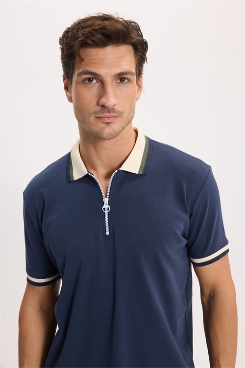 Erkek Slim Fit Dar Kesim %100 Pamuk Kısa Kollu Yarım Fermuarlı Lacivert Polo Yaka Tişört